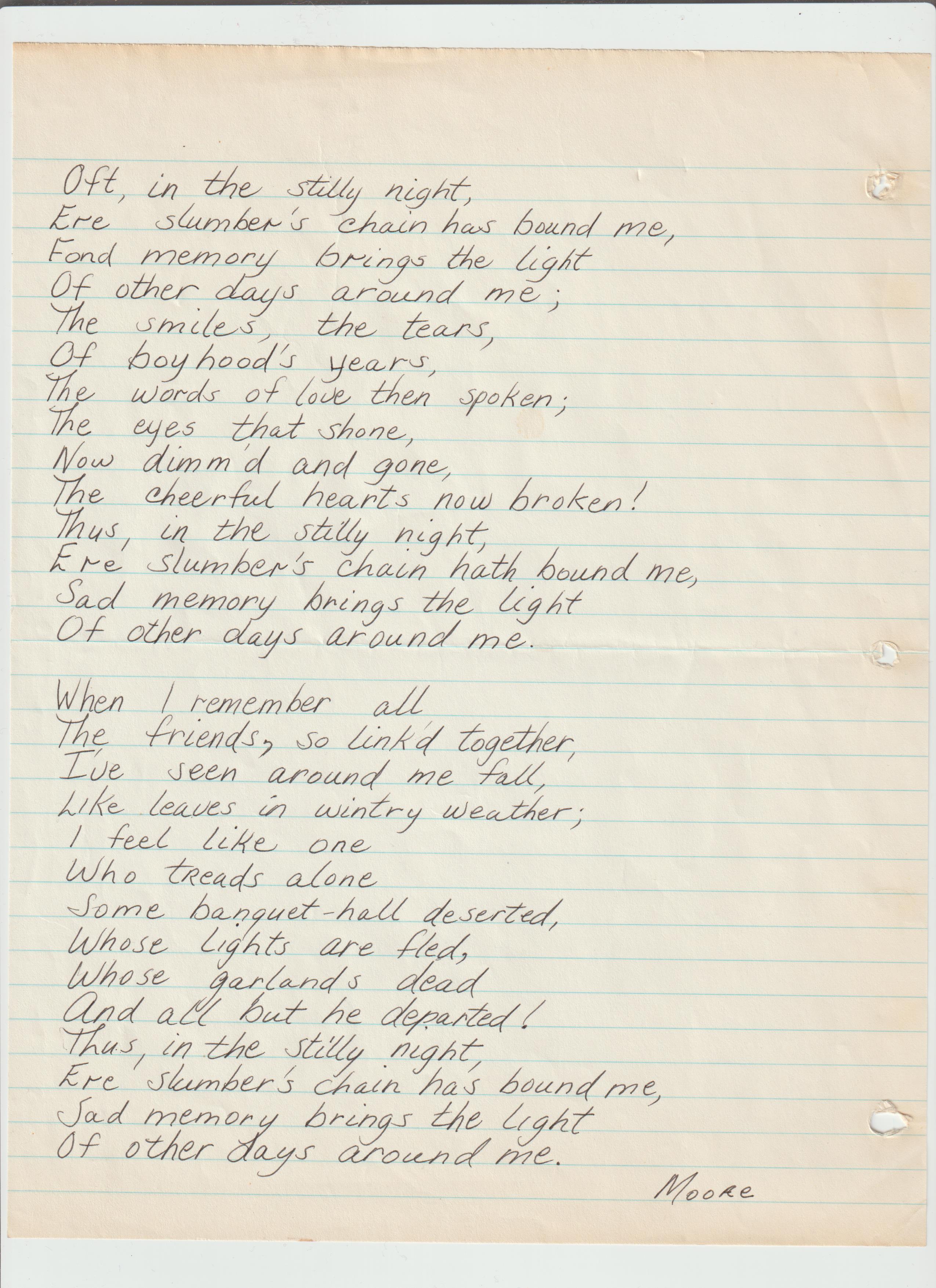 Handwritten poem by Moore is hand-printed onto yellowing lined paper. The second document of the PDF is the back of the lined paper. The third document is the industrial printed pattern for skating skirts and briefs mass-produced by patrons. The fourth document is the back page of the document. 