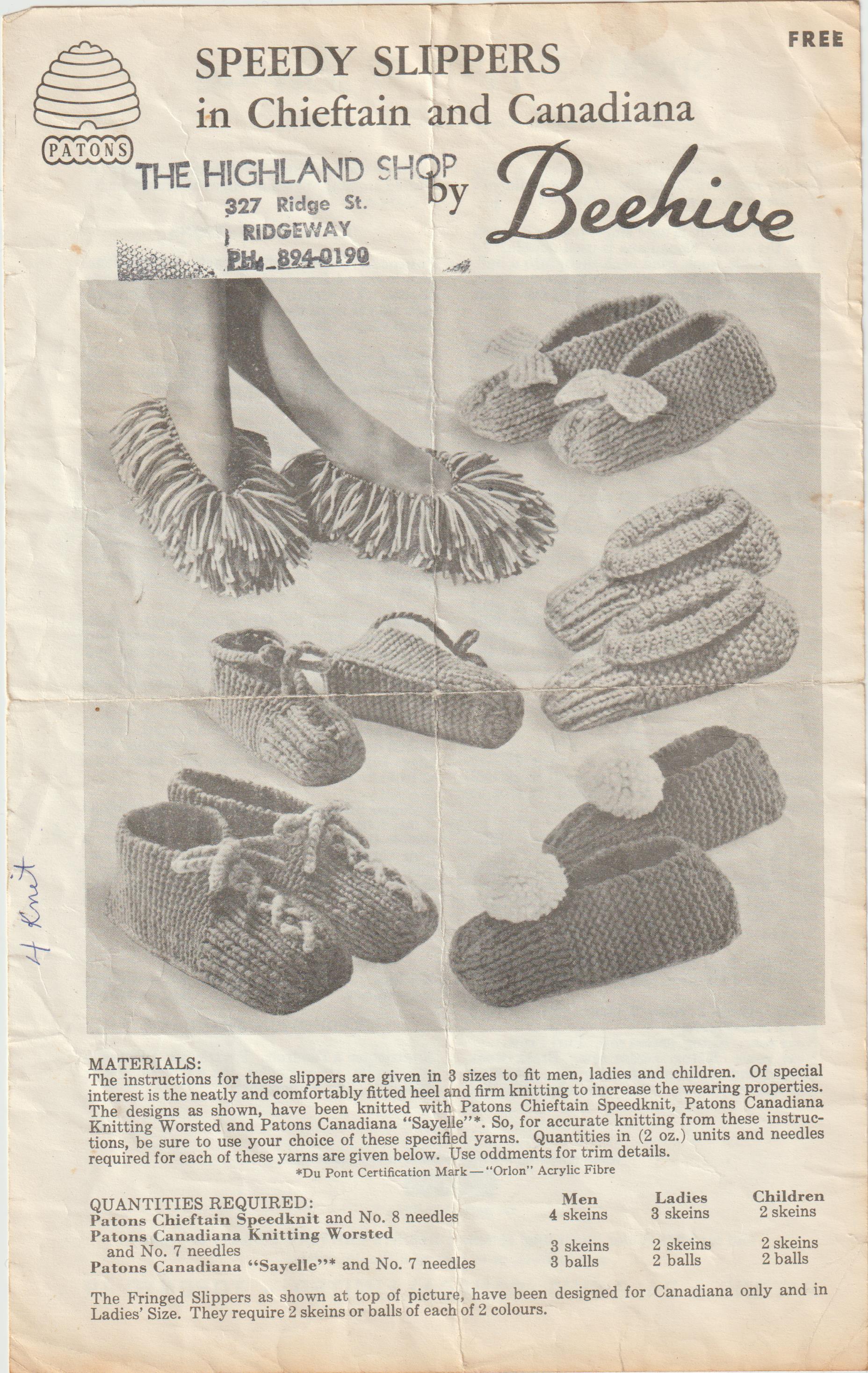A printed kitting pattern for speedy slippers. The paper is discoloured from use. It features a black and white picture of the slippers on the front of the pattern and a continuous pattern on the back. For the alternate text of the pattern, please contact the author of the site.   